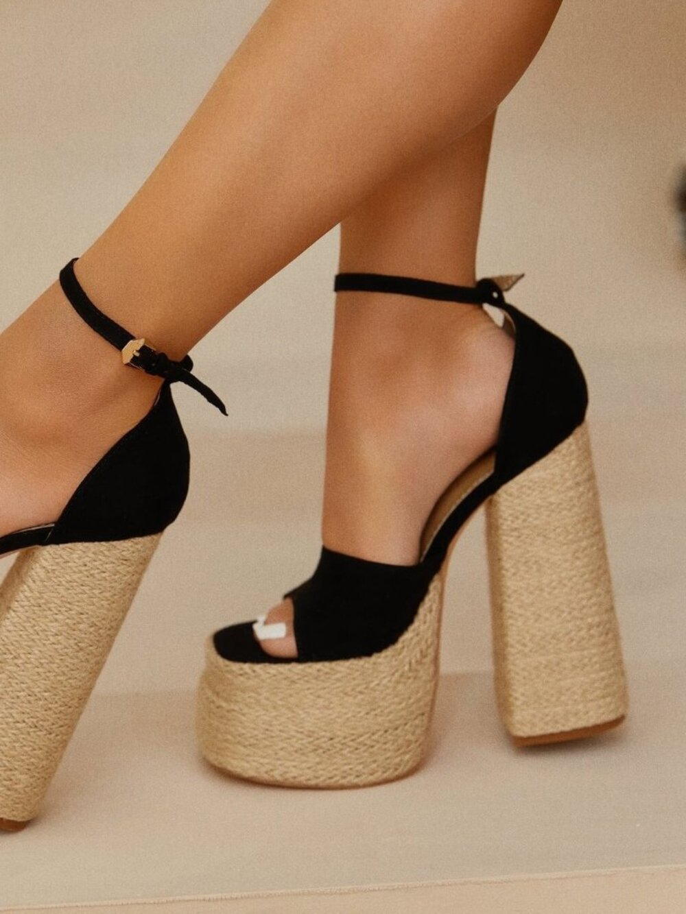 NEW🔥 Black Open Toe Raffia Double Platform Chunky Block Heel Sandal Ankle Strap - Picture 2 of 5